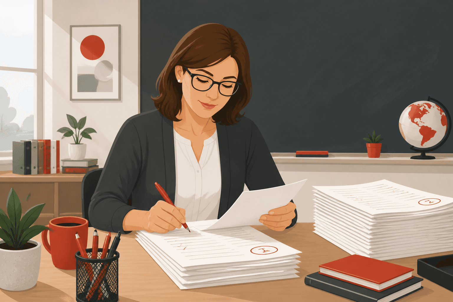 Illustration zum Ratgeber „Klassenarbeit benoten“ – Notenschlüssel und Benotung für Lehrkräfte